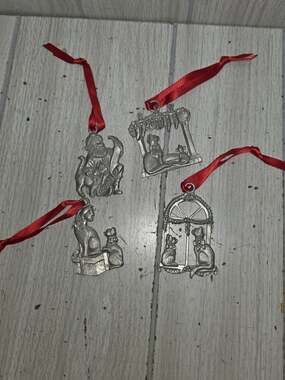 Vtg Lindsay Claire Pewter Cat Kitten Christmas Ornaments Set Of 4 Holiday